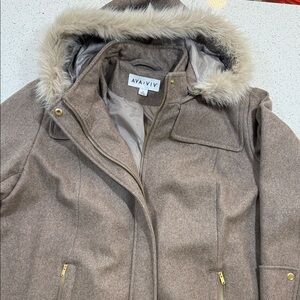 Ava & Viv Taupe Hooded Coat with Faux Fur Trim